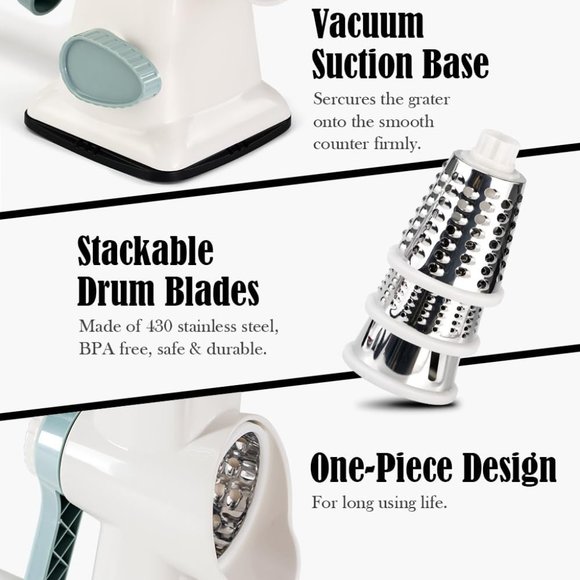 Cheese Grater Hand Crank Rotating Cheese Shredder Stainless Steel White - Picture 6 of 7